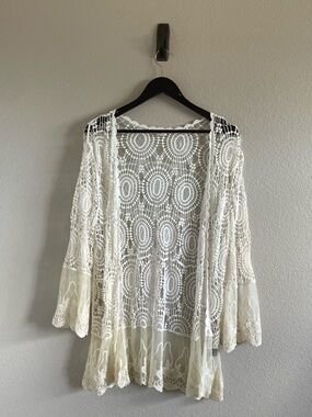 POL Lace Crochet Open Front Cardigan Cream Layering Bell Sleeve Boho Festival